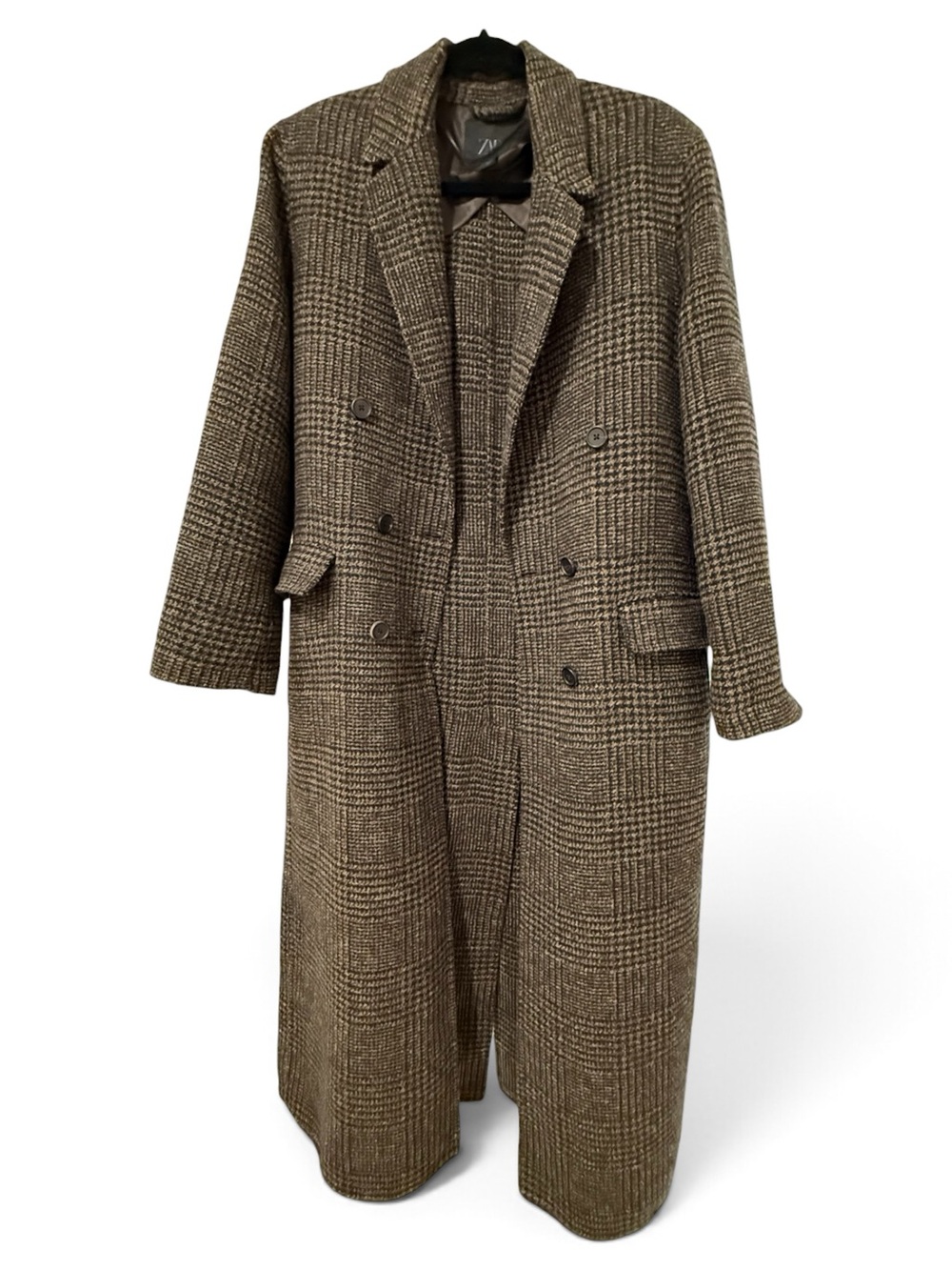 Zara Brown Plaid Double-Breasted Long Trench Coat